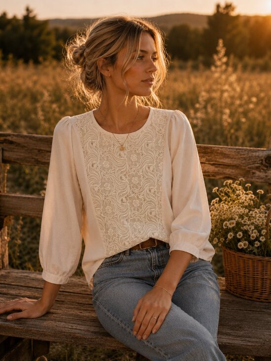 Maeve Tops - Maje Cream Lace-Front Long Sleeve Blouse